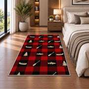 Buffalo plaid lake icons rug in a bedroom beside the bed