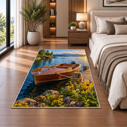 Classic wooden boat at dock rug in a bedroom beside the bed