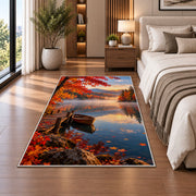 Autumn lake with rowboat rug in a bedroom beside the bed