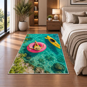 Pink float and yellow kayak rug in a bedroom beside the bed