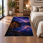 Milky Way over lake cabin rug in a bedroom beside the bed