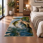 Bass jumping by dock rug in a bedroom beside the bed