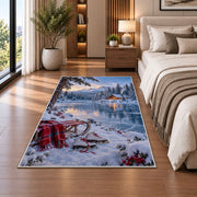 Frozen lake winter scene rug in a bedroom beside the bed