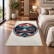 Lake house badge emblem rug in a bedroom beside the bed