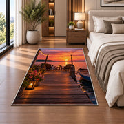 Dock with string lights at sunset rug in a bedroom beside the bed