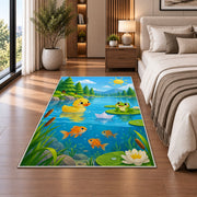 Cartoon pond with duck and frog rug in a bedroom beside the bed