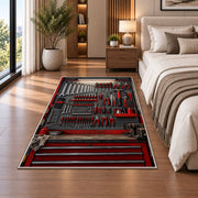 Mechanic tool pegboard rug in a bedroom beside the bed