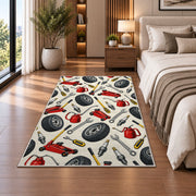 Auto repair tools pattern rug in a bedroom beside the bed