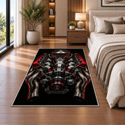 V8 engine from above rug in a bedroom beside the bed