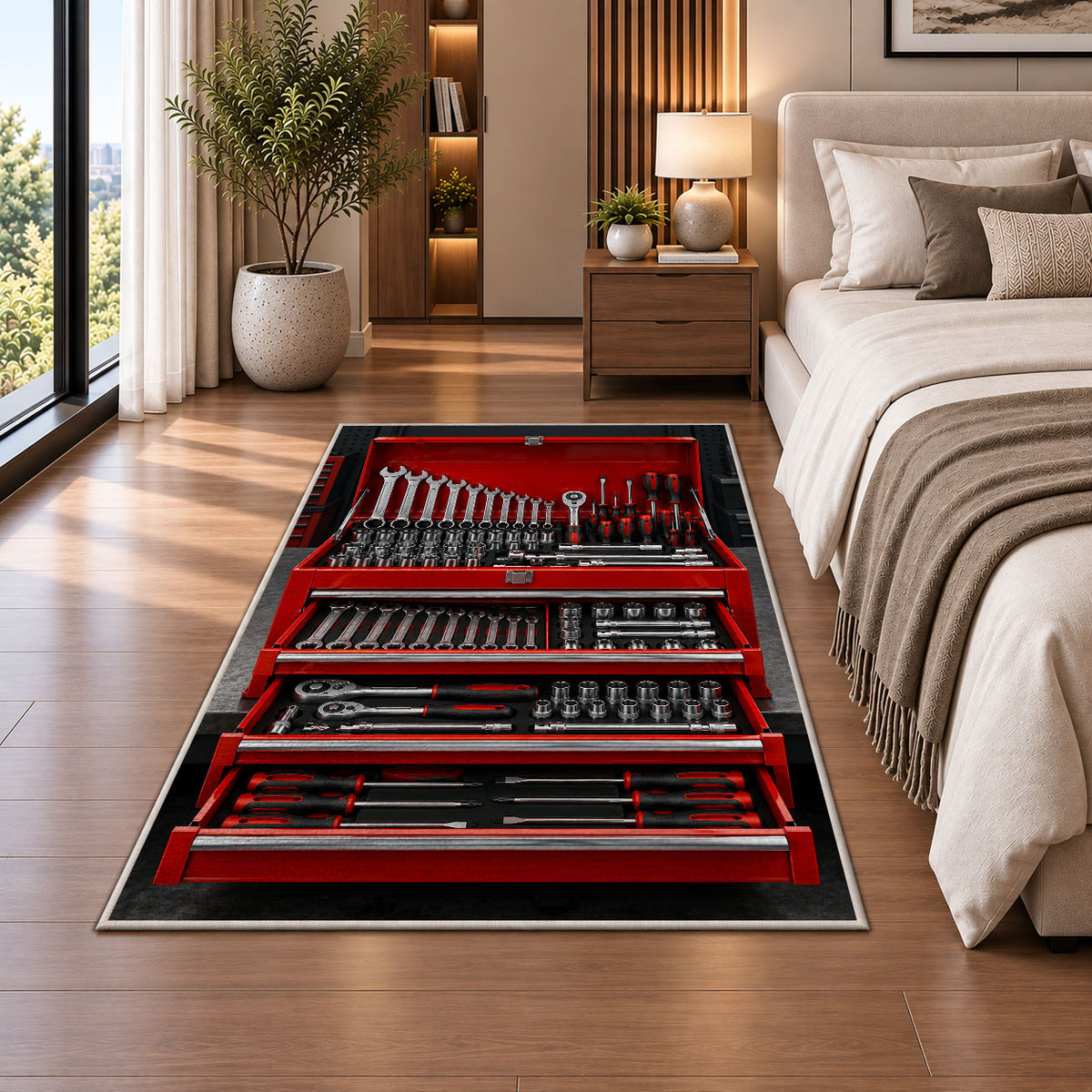 Red toolbox with open drawers rug in a bedroom beside the bed