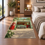 Retro garage with gas pump rug in a bedroom beside the bed