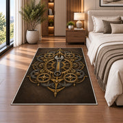 Copper gear mandala rug in a bedroom beside the bed