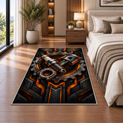 Spark plug and piston emblem rug in a bedroom beside the bed