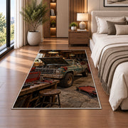Old pickup truck in a rustic garage rug in a bedroom beside the bed