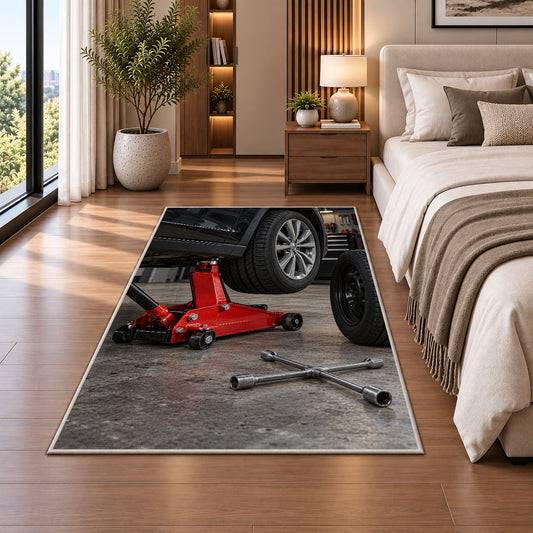 Car jack and spare tire rug in a bedroom beside the bed