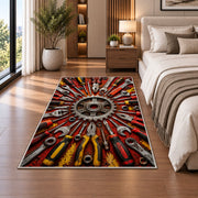 Tools radiating around a gear rug in a bedroom beside the bed