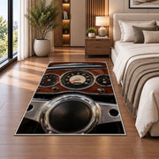 Vintage dashboard gauges rug in a bedroom beside the bed