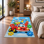 Cartoon tools with smiling faces rug in a bedroom beside the bed