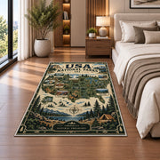 Vintage USA national parks map rug in a bedroom beside the bed