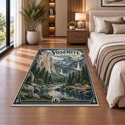 Yosemite Valley travel poster rug in a bedroom beside the bed
