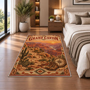 Grand Canyon sunset travel poster rug in a bedroom beside the bed