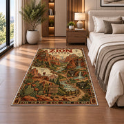 Zion Canyon trail map poster rug in a bedroom beside the bed