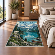 Glacier National Park turquoise lake rug in a bedroom beside the bed
