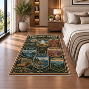 Vintage national parks badge collection rug in a bedroom beside the bed
