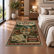 Explore More camping gear rug in a bedroom beside the bed