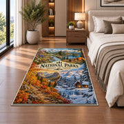 National parks through the seasons rug in a bedroom beside the bed