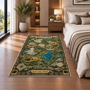 Illustrated Yellowstone park map rug in a bedroom beside the bed