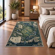 Illustrated Yosemite Valley map rug in a bedroom beside the bed