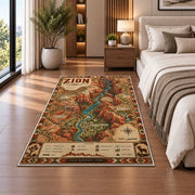 Illustrated Zion National Park map rug in a bedroom beside the bed