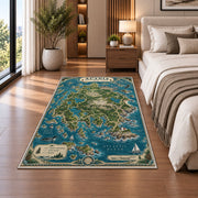 Illustrated Acadia coastal map rug in a bedroom beside the bed