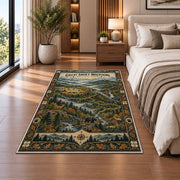 Illustrated Great Smoky Mountains map rug in a bedroom beside the bed