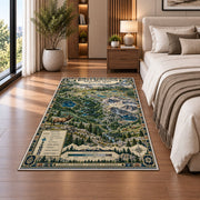 Illustrated Rocky Mountain park map rug in a bedroom beside the bed