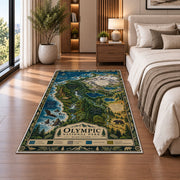 Illustrated Olympic National Park map rug in a bedroom beside the bed