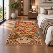 Illustrated Arches National Park map rug in a bedroom beside the bed