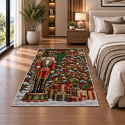 Nutcracker and Christmas Tree Rug in a bedroom beside the bed