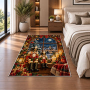 Nutcracker Window Christmas Rug in a bedroom beside the bed