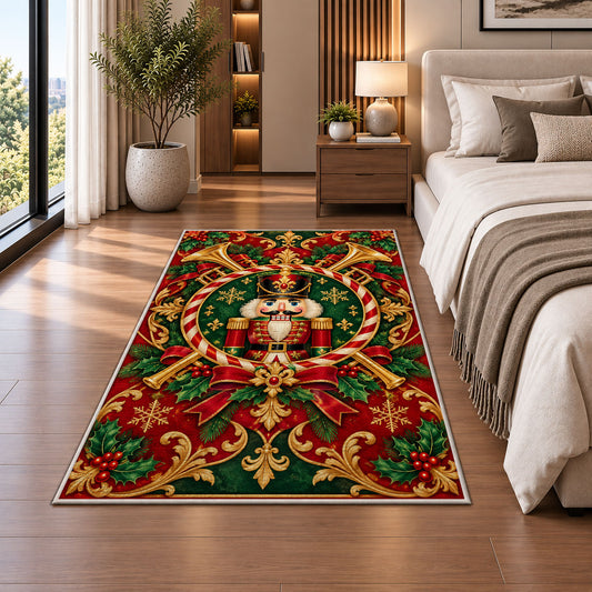 Nutcracker Crest Christmas Rug in a bedroom beside the bed