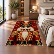Nutcracker Portrait Christmas Rug in a bedroom beside the bed