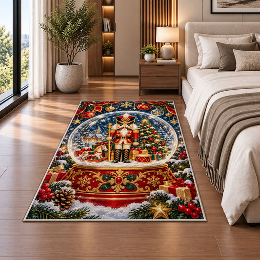 Nutcracker Snow Globe Rug in a bedroom beside the bed