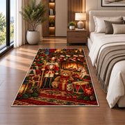 Nutcracker Fireplace Christmas Rug in a bedroom beside the bed