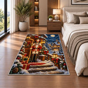 Nutcracker Snowy Cabin Rug in a bedroom beside the bed