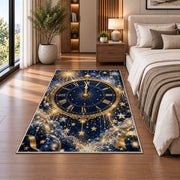 Midnight clock fireworks rug in a bedroom beside the bed