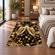 Champagne toast rug in a bedroom beside the bed
