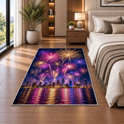 City skyline fireworks rug in a bedroom beside the bed