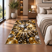 Disco ball and balloons rug in a bedroom beside the bed
