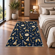 New Year party pattern rug in a bedroom beside the bed